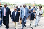 Alexander Chikwanda (third from left) is accompanied by Ministry of Finance Permanent Secretary Felix Nkulukusa (left), his grandchild Sampa Chikwanda, his other grandchild Clement Nyambe (second from right) and his wife Margaret