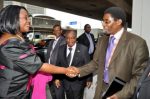 First Lady Dr Christine Kaseba greets Bishop Joshua Banda on arrival at CTICC for the opening of the 17th ICASA Conference at CTICC in Cape Town, South Africa on December 7 2013