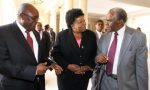 Former Chief Justice Mathews Ngulube (l), acting Chief Justice Lombe Chibesakunda and Justice Frederick Chomba (r) after the swearing in ceremony at State House on September 11,2013