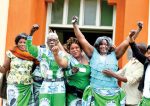 NEWLY-ELECTED Patriotic Front Copperbelt Province chairlady Hildah Kawesha (second from right) celebrates her election victory outside Hindu Hall in Ndola yesterday. – Picture by SALIM HENRY:SHENPA