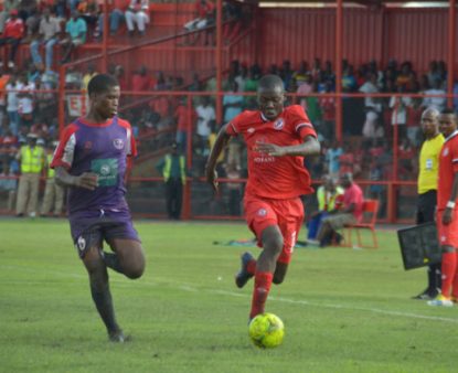 Nkana's Kelvin Mubanga and Njabulo Ndlovu of Mbabane Swallows