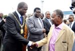 President Sata being welcomed by Lusaka Mayor Daniel Chisenga on arrival at Kenneth Kaunda International Airport from London on Feb 8,2014 -Picture by THOMAS NSAMA