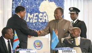 PRESIDENT Michael Sata (right) shakes hands with COMESA Secretary-General Sindiso Ngwenya after the Zambian Head of State delivered a keynote speech at the summit in Kinshasa yesterday as host President Joseph Kabila (left) and Ugandan leader Yoweri Museveni look on. Picture By EDDIE MWANALEZA/State House