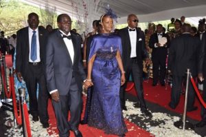 Zimbabwean President Robert Mugabe and First Lady Grace Mugabe during the wedding ceremony of their daughter Bona Mugabe and her husband Simba at their residence in Harare, Zimbabwe on March 1,2014