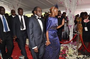 Zimbabwean President Robert Mugabe and First Lady Grace Mugabe during the wedding ceremony of their daughter Bona Mugabe and her husband Simba at their residence in Harare, Zimbabwe on March 1,2014