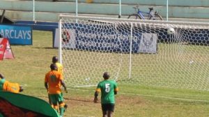 Aggrey Chiyangi – sprawled to the ground bottom left corner score a diving header