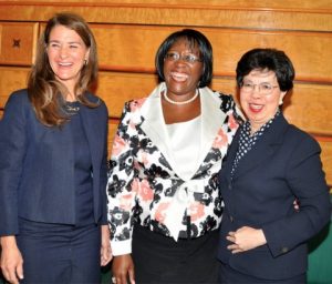 Melinda Gates (l) with WHO Director-General Margaret Chan (r) and First Lady Dr Christine Kaseba shortly before delivering their key note address to the World Health Assembly