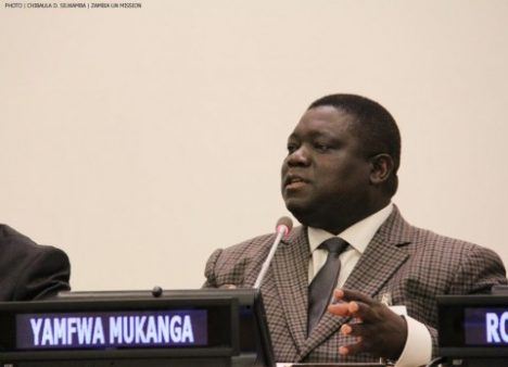 Minister of Transport, Works, Supply and Communications Yamfwa Mukanga stressing a point during a side-event at the UN in New York on 12 June, 2014. PHOTO | CHIBAULA D. SILWAMBA | ZAMBIA UN MISSION