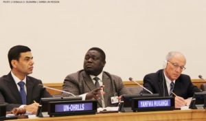 Minister of Transport, Works, Supply and Communications Yamfwa Mukanga (centre), UN Under-Secretary-General Gyan Chandra Acharya (left) and member of UN Secretary General’s Advisory Board on Water and Sanitation Roy Torkelson. This was during a side-event at the UN in New York on 12 June, 2014. PHOTO | CHIBAULA D. SILWAMBA | ZAMBIA UN MISSION