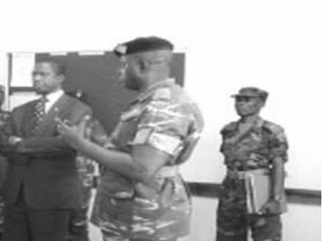 •Major Namiluko explaining to Defence Minister Edgar Lungu some of the skills given to students enrolled at the Millitary Training Establishment of Zambia (MILTEZ) in Kabwe
