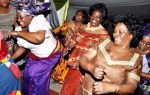 First Lady Dr Christine Kaseba and Tourism minister Jean Kapata takes to the dance floor during the Bridal shower of President Sata’s niece Mwamba Sata in Lusaka’s Kabulonga area on August 2,2014 -Picture by THOMAS NSAMA