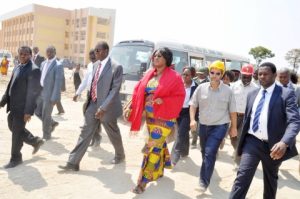 First Lady Dr Christine Kaseba with Muchinga Province Permanent Secretary Bwalya Ng'andu and Sports deputy minister Christopher Mulenga -Chiponde during an educational tour of Robert Makasa University