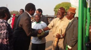 Headman Natende Wa Lushiba (Dr Katele Kalumba) greeting HH at Bwile Traditional Ceremony in Chiengi District Luapula.