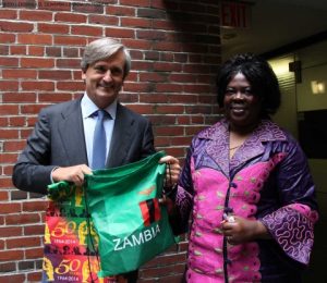 Spain's UN Ambassador Román Oyarzun Marchesi shows off Zambia Golden Jubilee souvenirs he received from Zambia's Minister of Tourism and Arts Jean Kapata (right) in New York on 8-Sept-2014. PHOTO | Chibaula D. Silwamba | Zambia UN Mission