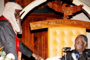 President Sata greets the Speaker of the National Assembly Dr Patrick Matibini during the opening of parliament on September 19, 2014 -Picture by THOMAS NSAMA