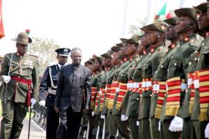 President Sata inspects a guard of honour during the opening of parliament on September 19, 2014 -Picture by THOMAS NSAMA