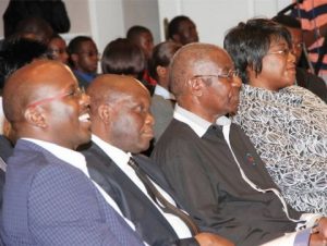 First Lady Dr Christine Kaseba with ZNBC Board Chairperson Dr John Mulwila and ZNBC director of News and current affairs Kenneth Maduma following the proceedings during the 2014 ZNBC: ZICTA Debate Time
