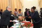 Acting President Dr Guy Scott congratulates High Court Judge Yvonne Chembe during the swearing -in-ceremony at State House on November 25,2014 -Picture by THOMAS NSAMA