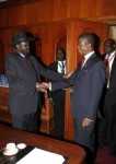 President Edgar Chagwa Lungu (right) being welcomed by his South Sudan Coounterpart Salva Kiir during a meeting at Sheraton Hotel in Addis Ababa,Ethiopia on Saturday,January 31,2015. PICTURE BY SALIM HENRY:STATE HOUSE