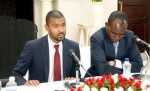 Acting Chief Government spokesperson Vincent Mwale with Special Assistant to the President (Press and Public Relations) Amos Chanda during a Media Briefing at State house on March 16,2015 -Picture by EDDIE MWANALEZA
