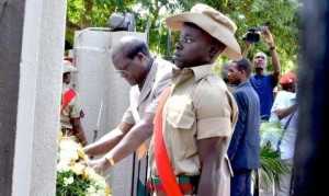Acting President Dr Ngosa Simbyakula laying a wreath during the Youth Day Commemoration at the Freedom Statue in Lusaka on March 12,205 -Picture by THOMAS NSAMA