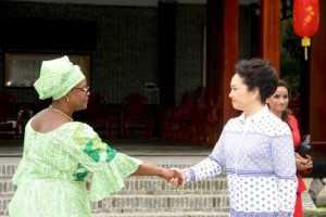 First Lady Esther Lungu being welcomed by China First Lady Peng Liyuan when she visited Bei Reng Village. The Purpose of the First Lady's visit to the village was to learn more about village modernisation