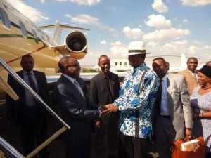 PRESIDENT LUNGU LEAVES FOR LUSAKA PRESIDENT LUNGU chats with his pilots before departing South Africa's Lanseria International Airport this afternoon (Picture by Nicky Shabolyo)