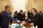 President Edgar Lungu congratulates Chiefs and Traditional Affairs minister Dr Joseph Katema (r) during the Swearing-In-Ceremony at State House on February 3,2015 -Picture by THOMAS NSAMA