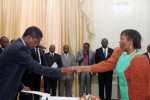 President Edgar Lungu welcomes High Commissioner designate, Kingdom of Lesotho Evelyn Malejaka Letooane (r) during the presentation of credentials at Sate House on February 18,2015 -Picture by THOMAS NSAMA