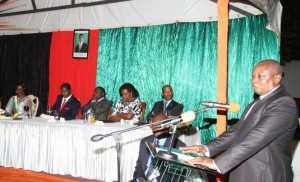 Former Bank of Zambia Governor Caleb Fundanga speaks at Zambia's Ambassador to Zimbabwe's residence in Harare where President Lungu addressed Zambia's living in Zimbabwe on April 29,2015 -Picture by THOMAS NSAMA