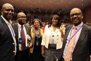 Zambia's Permanent Representative to the UN, H.E. Dr Mwaba Kasese-Bota (second right) and the Zambian delegation after her election as Chairperson of the 49th Session of the Commission on Population and Development (CPD49) at UN HQ on 17 April 2015. PHOTOS | CHIBAULA D. SILWAMBA | ZAMBIA UN MISSION