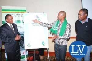 left to right- NATSAVE Managing Director Cephas Chabu, Minister Vincent Mwale and FAZ President and ex Wanderers player Kalusha Bwalya - Photo Credit Jean Mandela - Lusakavoice.com