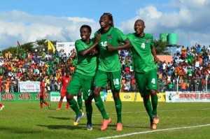 #Fazfootball Image: Kondwani Mtonga celebrates scoring Zambia's second goal with Jackson Mwanza and Christopher Munthali.