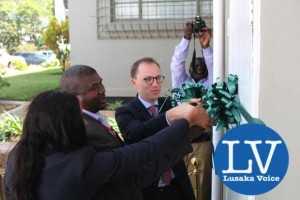 L-R Lafarge Zambia CFO, Mrs Chrissie Moloseni, Lafarge CEO, Mr Emmanuel Rigaux, Chilanga District Administration officer Mr Freza Musonda - Photo Credit Lafarge Zambia- Lusakavoice.com