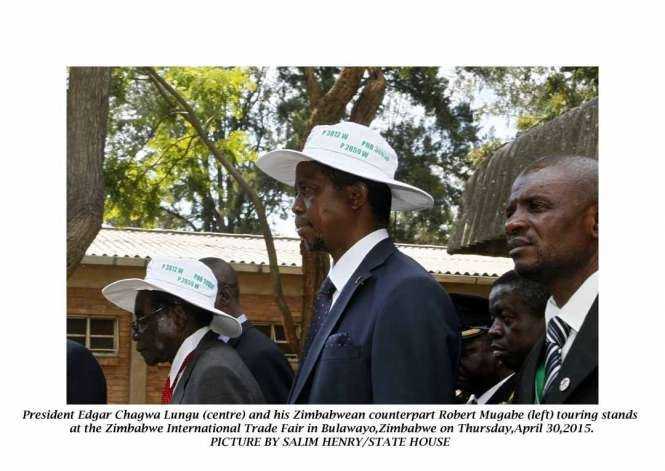 President Edgar Chagwa Lungu (right) and his Zimbabwean counterpart Robert Mugabe touring stands at the Zimbabwe International Trade Fair in Bulawayo, Zimbabwe on Thursday, April 30,2015. PICTURE BY SALIM HENRY/STATE HOUSE ©2015