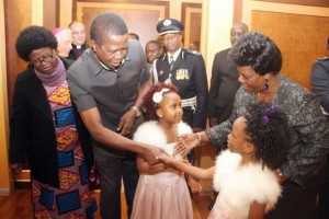 President Lungu greets Nkisu Mashuwa as First Lady Esther Lungu greets Chipengo Mbindawina on arrival at FCO,Flumicino Airport in Rome , Italy on Thursday, February 4,2016 -Picture by THOMAS NSAMA