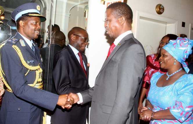 President Lungu greets Zambia's Defence attache to United State of America Brig General Henry Mukuka as First Lady Esther Lungu looks on on arrival in New York
