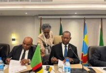 Mposha and tanzania deputy Minister sign Declaration as LTA official centre looks on